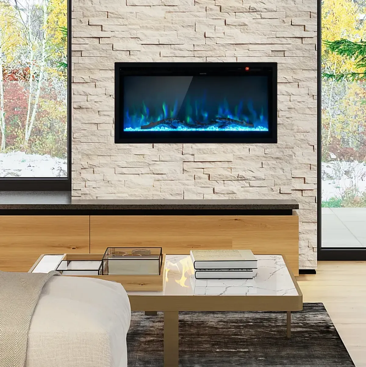 Electric Fireplace in-Wall Recessed with Remote Control and Adjustable Color and Brightness