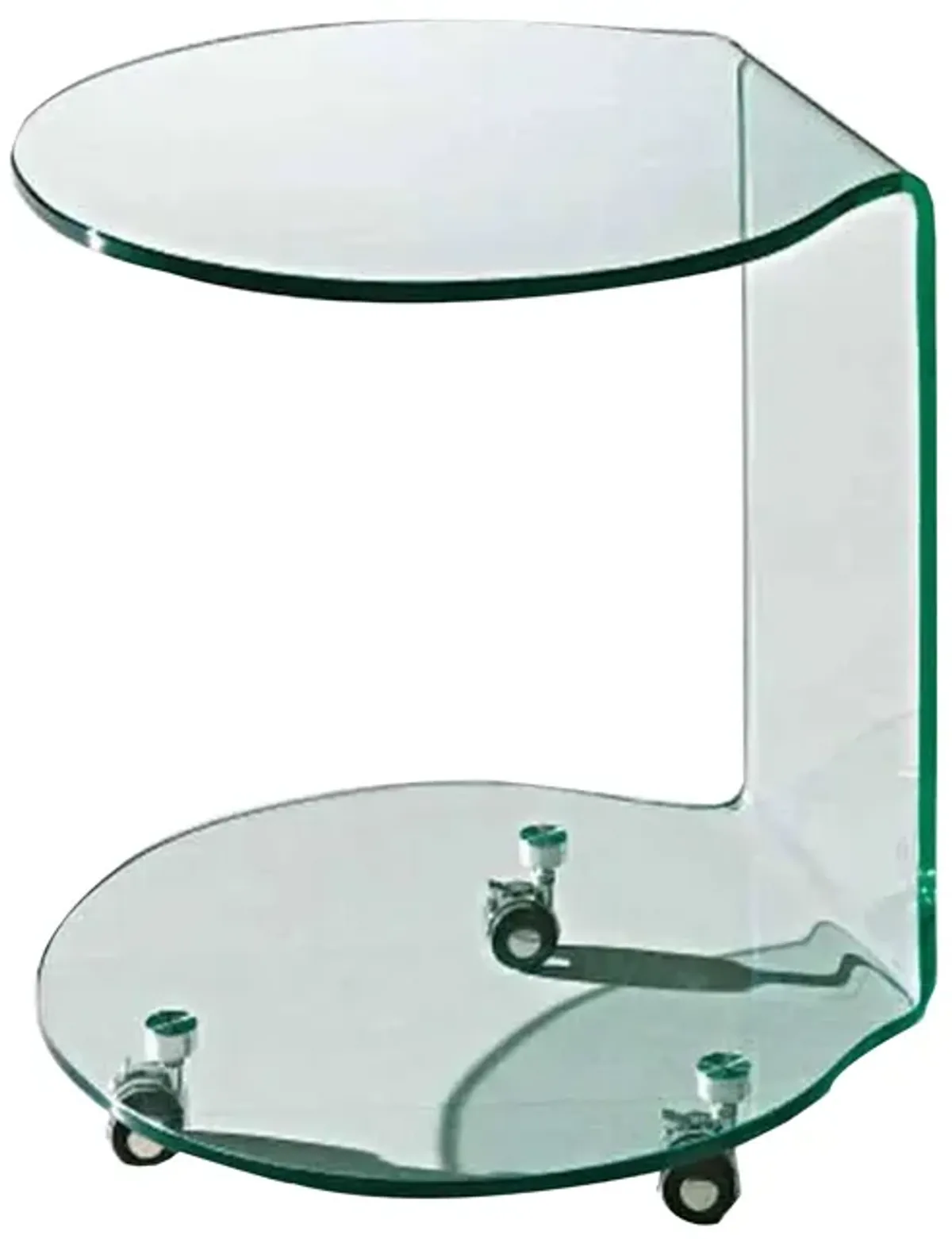 24 Inch Curved Glass End Table, Cylindrical Design, Caster Wheels, Clear - Benzara