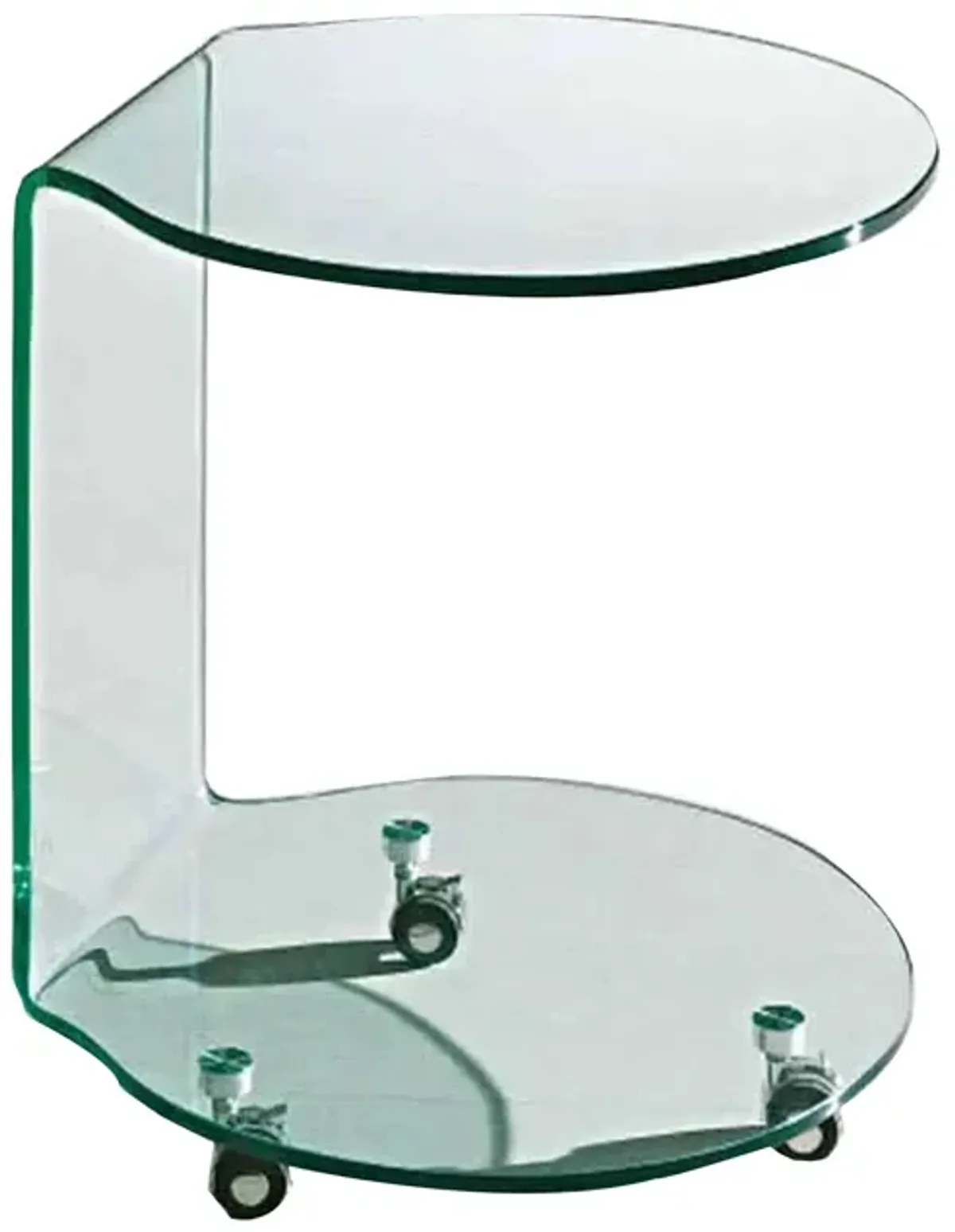 24 Inch Curved Glass End Table, Cylindrical Design, Caster Wheels, Clear - Benzara