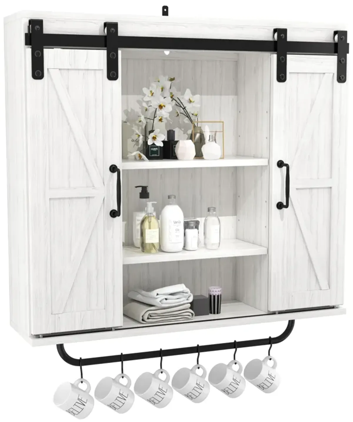 MONDAWE Rustic Wood Wall Storage Cabinet with Two Sliding Barn Door, 3-Tier Decorative Farmhouse Vintage Cabinet in Vintage White