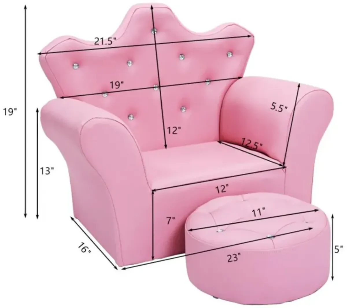 Hivvago  Children Upholstered Princess Sofa with Ottoman and Diamond Decoration for Boys and Girls