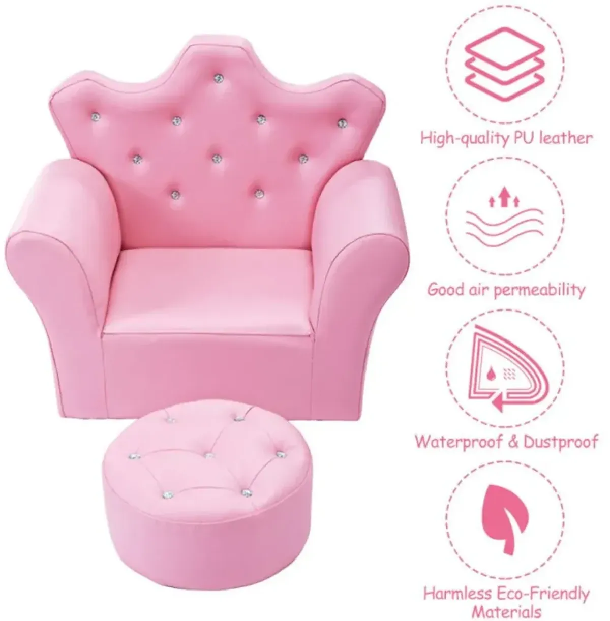 Hivvago  Children Upholstered Princess Sofa with Ottoman and Diamond Decoration for Boys and Girls