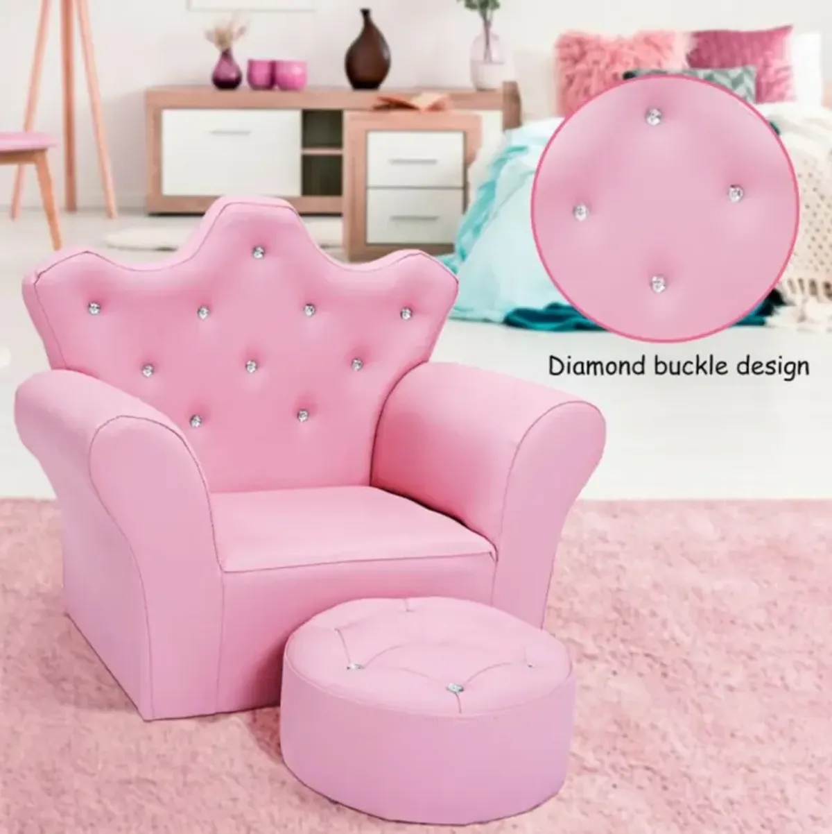 Hivvago  Children Upholstered Princess Sofa with Ottoman and Diamond Decoration for Boys and Girls