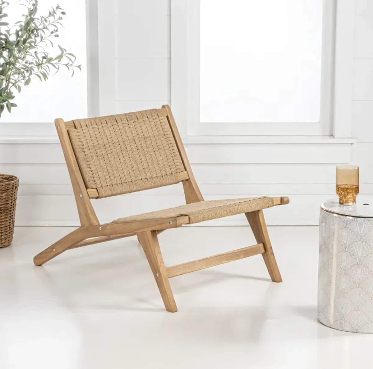 Parker Mid-Century Modern Woven Seagrass Wood Armless Lounge Chair