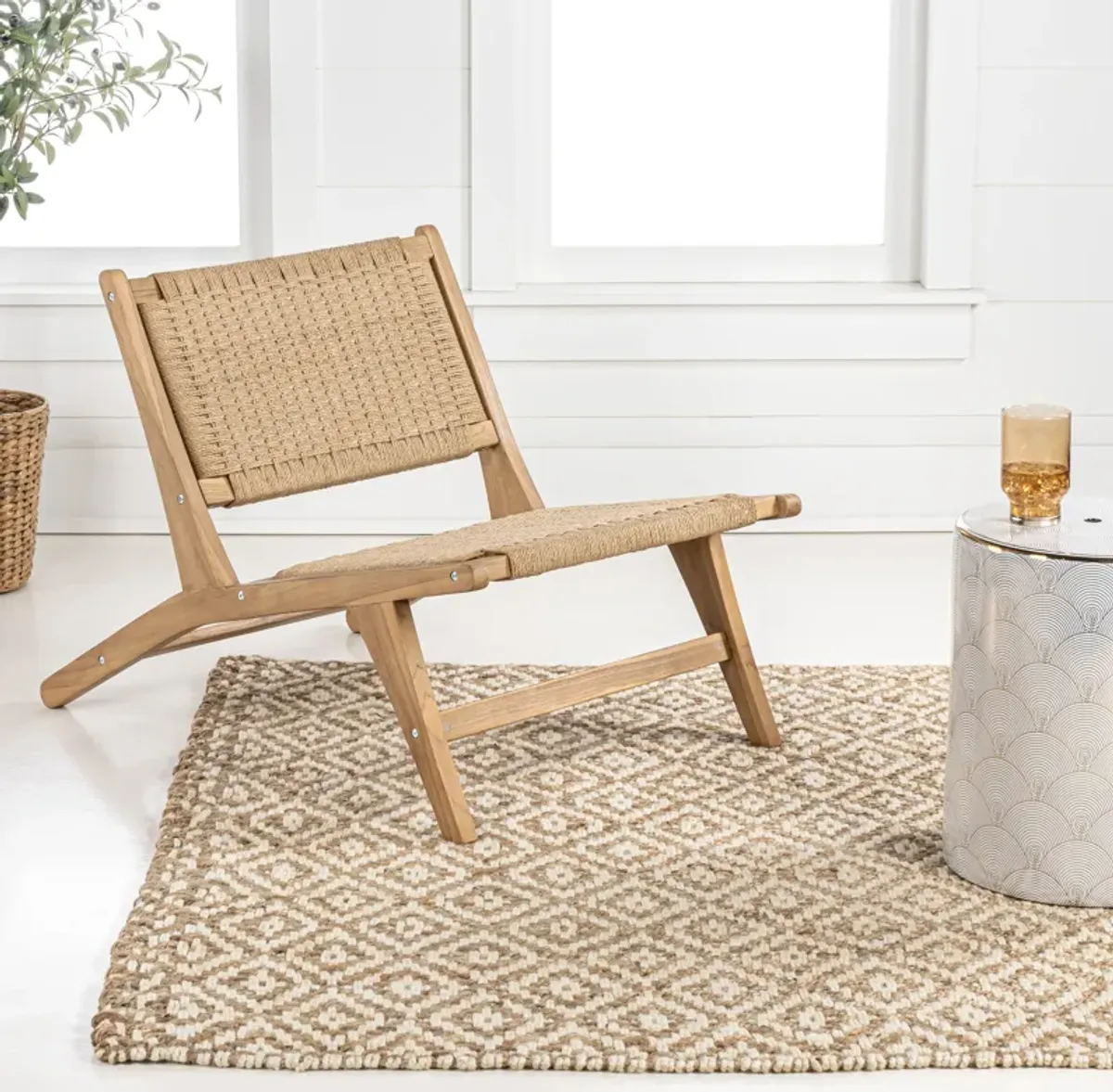 Parker Mid-Century Modern Woven Seagrass Wood Armless Lounge Chair