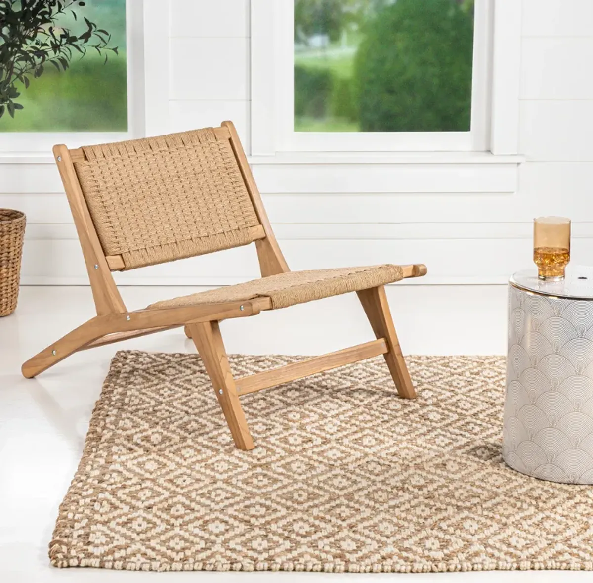 Parker Mid-Century Modern Woven Seagrass Wood Armless Lounge Chair