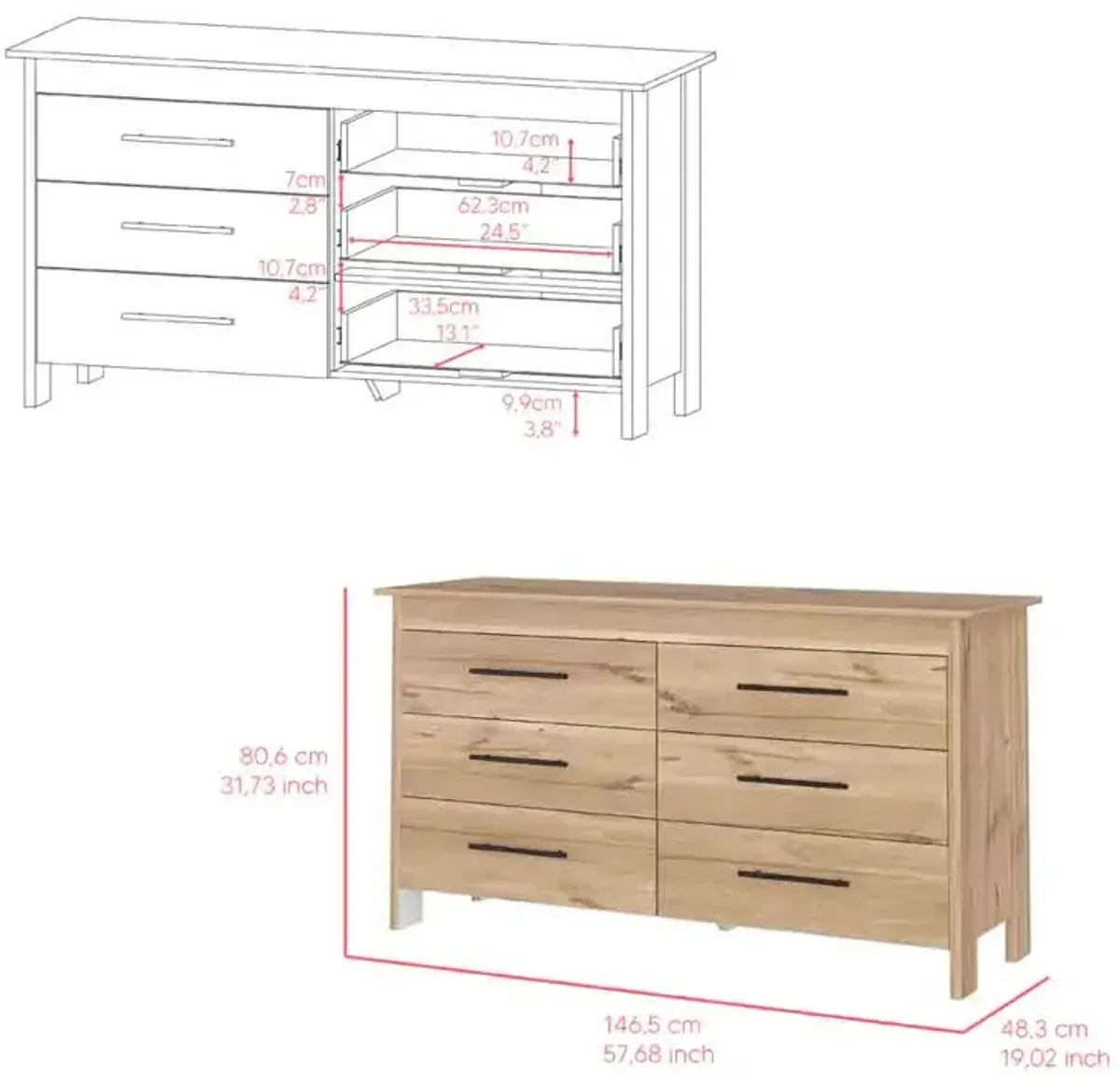 6 Drawer Double Dresser Wezz, Bedroom, Light Oak / White