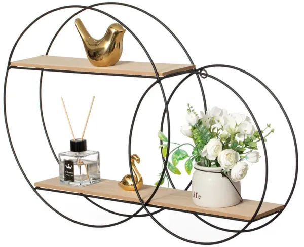Vintiquewise Interlinked Round Wall-Mounted Shelf - Dual-Size Circular Design, Sturdy Metal Frame and 2-Tier Wooden Shelves for Modern Decor, Home Organization and Practical Storage Solutions, Black