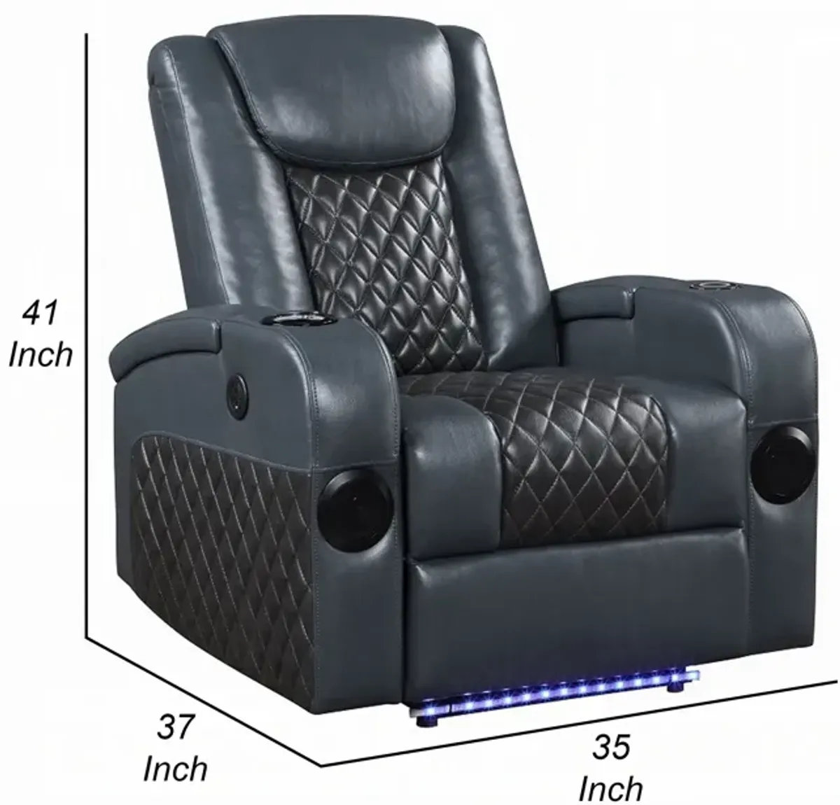 Liza Power Motion Recliner Chair, Bluetooth, Gray Black Faux Leather - Benzara