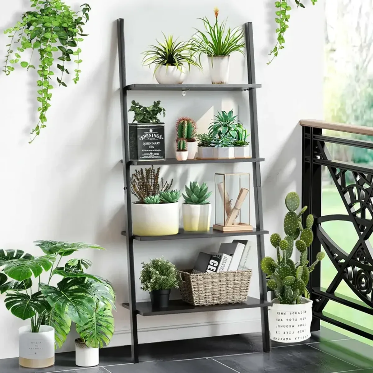 Industrial 4-Tier Ladder Shelf with Metal Frame for Living Room Office