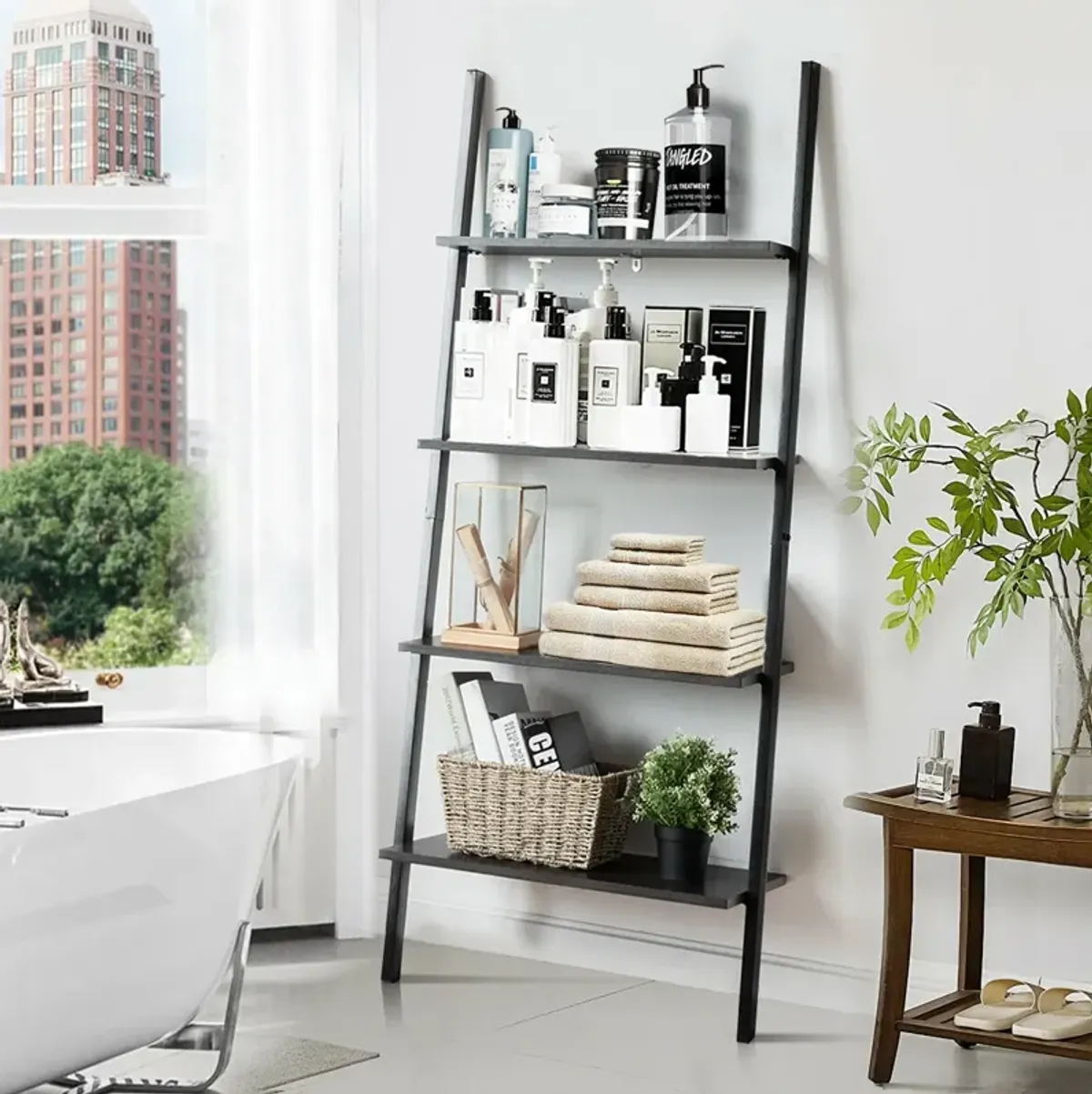 Industrial 4-Tier Ladder Shelf with Metal Frame for Living Room Office