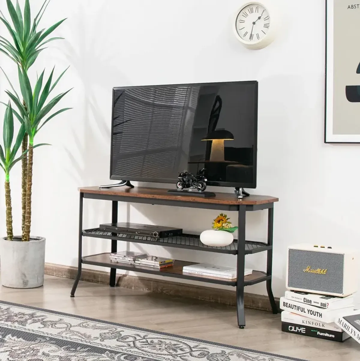 3-tier Console Table TV Stand with Mesh Storage Shelf-Rustic Brown