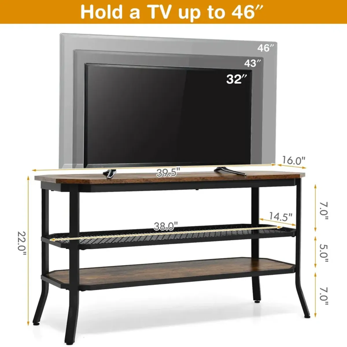 3-tier Console Table TV Stand with Mesh Storage Shelf-Rustic Brown