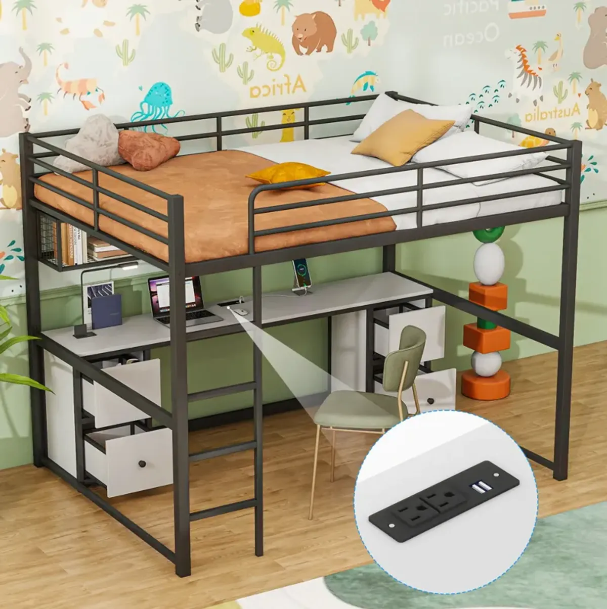 Merax Industrial Metal Loft Bed with Desk