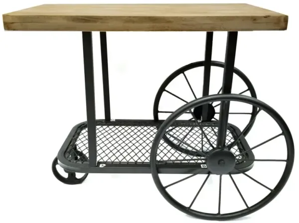 Industrial Design End Table With Wooden Top and Metal Wheels Base, Black and Brown - Benzara