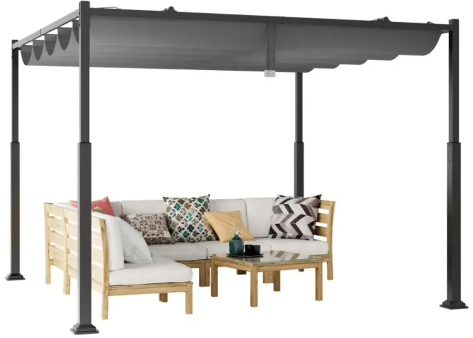 Hivvago 10 x 10 Feet Outdoor Pergola with Retractable Canopy and Metal Columns-Gray