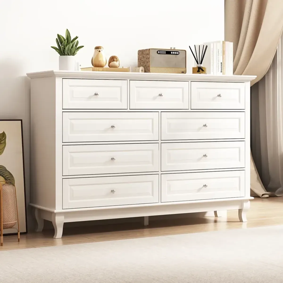 White Wooden 9-Drawer Chest of Drawers 55.1 in. W x 37 in. H x 15.7 in. D Console TV Stand, Modern European Style