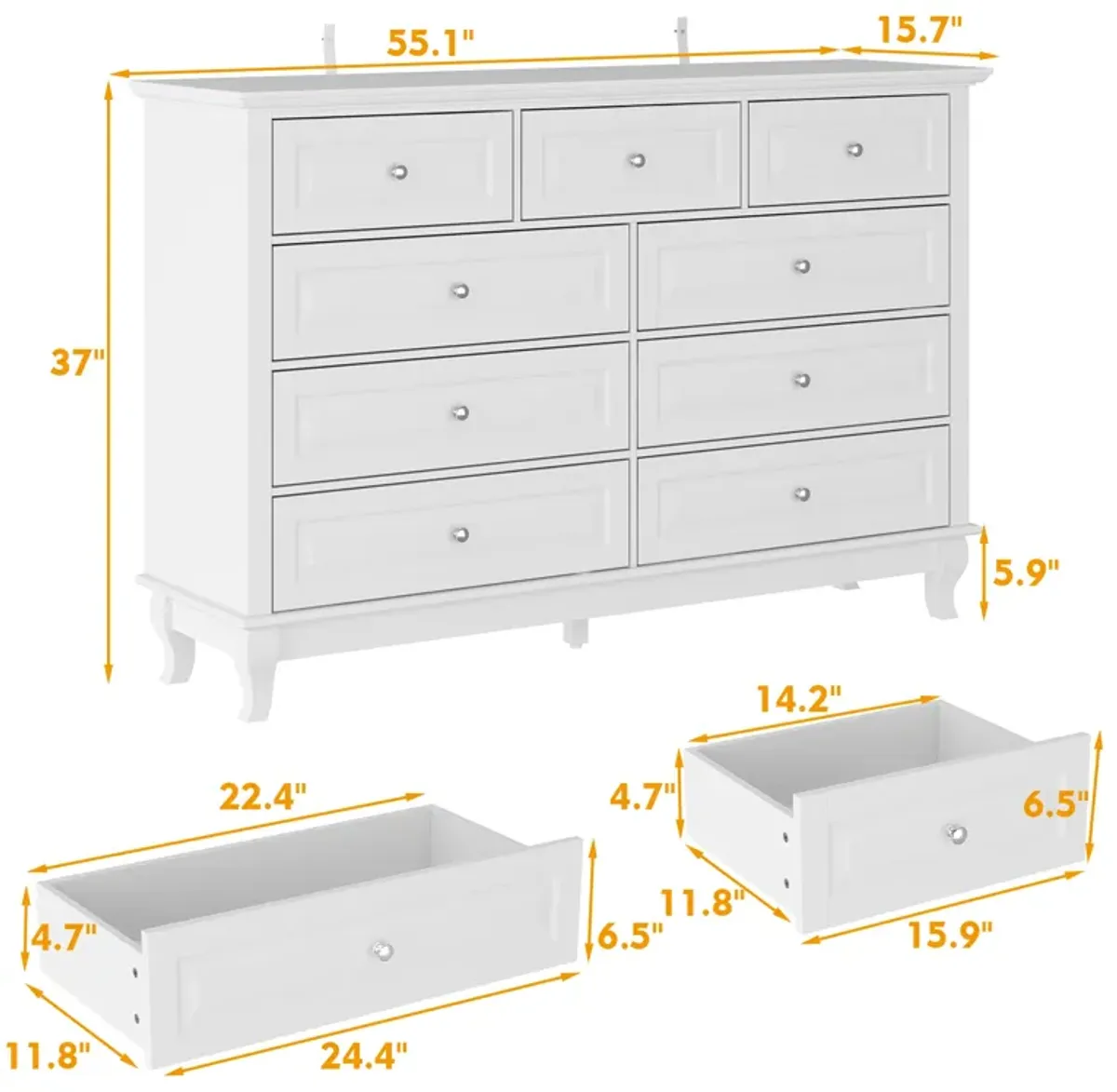 White Wooden 9-Drawer Chest of Drawers 55.1 in. W x 37 in. H x 15.7 in. D Console TV Stand, Modern European Style