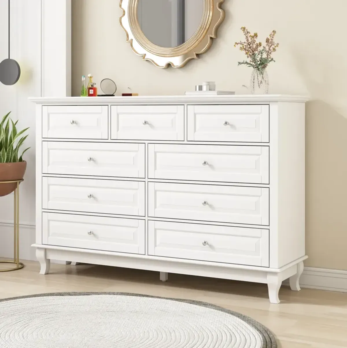 White Wooden 9-Drawer Chest of Drawers 55.1 in. W x 37 in. H x 15.7 in. D Console TV Stand, Modern European Style