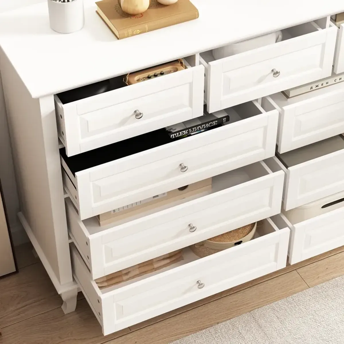 White Wooden 9-Drawer Chest of Drawers 55.1 in. W x 37 in. H x 15.7 in. D Console TV Stand, Modern European Style