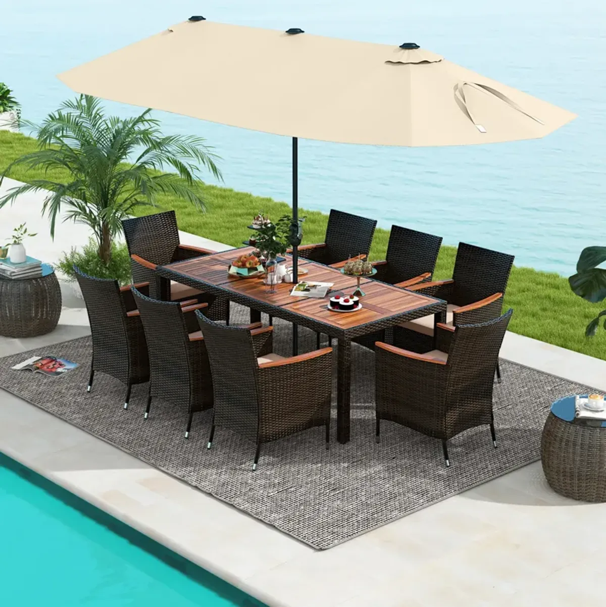 15-Foot Double-Sided Twin Patio Umbrella with Crank Handle and Base