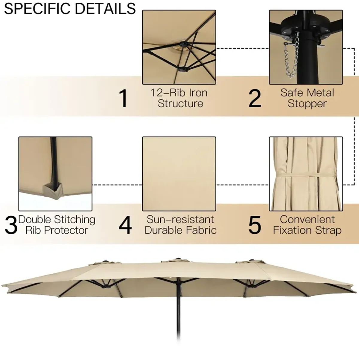 15-Foot Double-Sided Twin Patio Umbrella with Crank Handle and Base