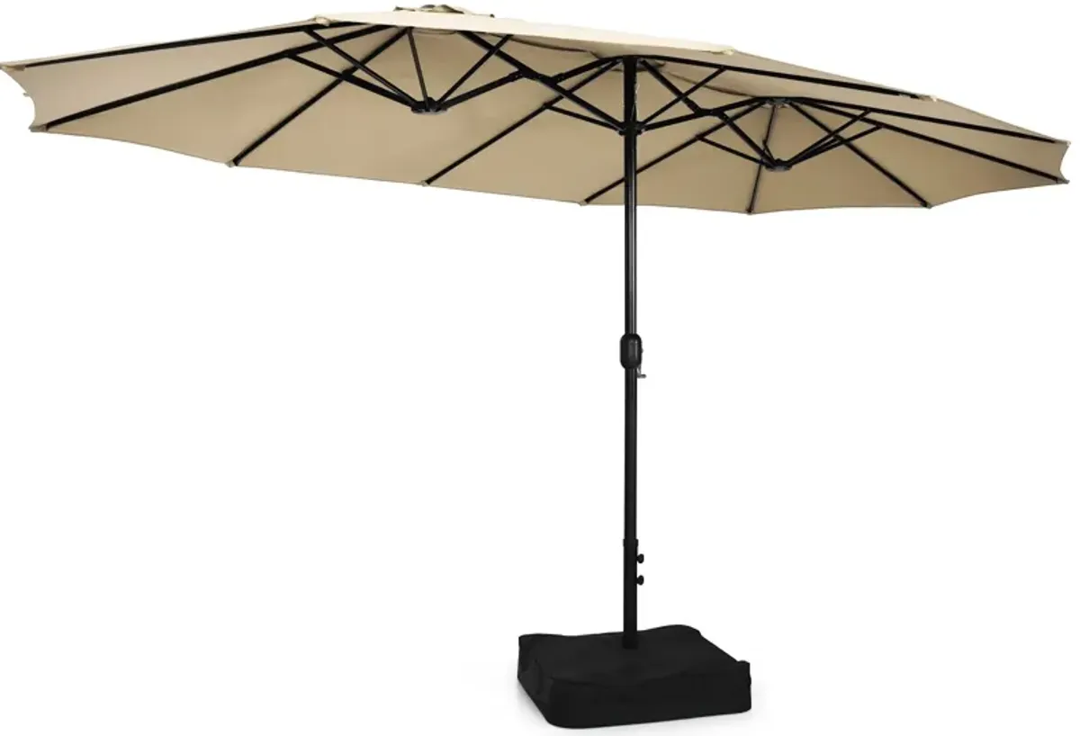 15-Foot Double-Sided Twin Patio Umbrella with Crank Handle and Base