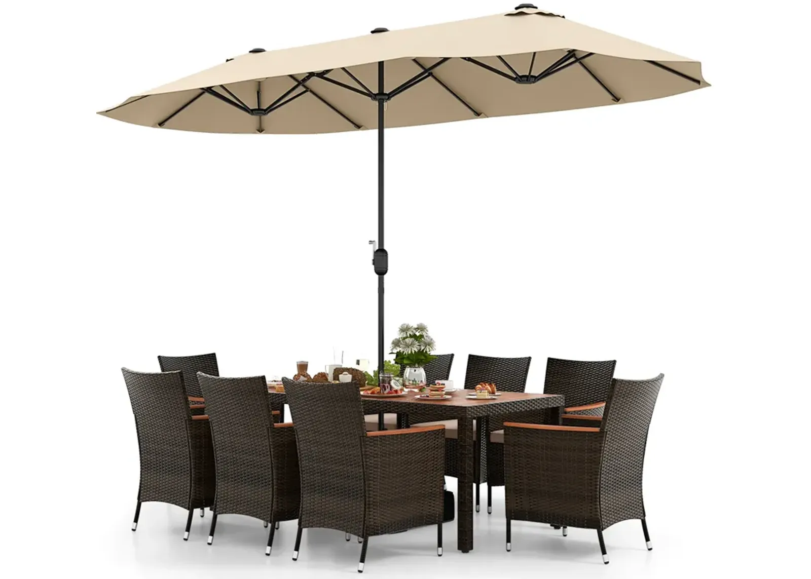 15-Foot Double-Sided Twin Patio Umbrella with Crank Handle and Base