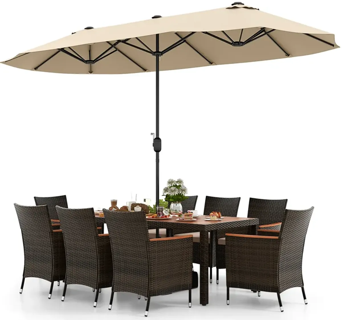 15-Foot Double-Sided Twin Patio Umbrella with Crank Handle and Base