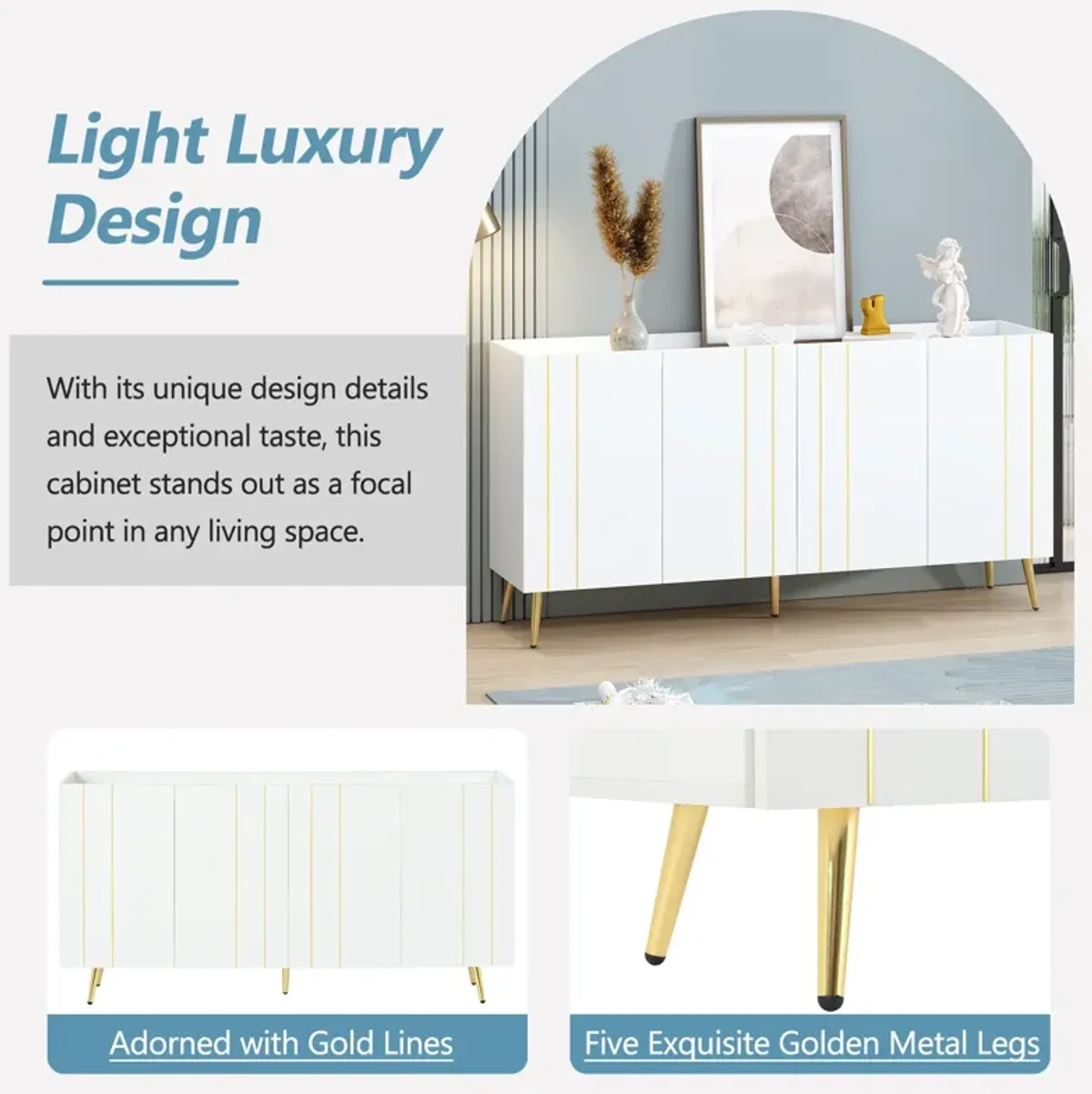 Luxurious Shoe Cabinet with 5 Metal Legs, Modern TV Stand with 4 Adjustable Shelves for TVs Up to 70", Minimalist Sideboard Cabinet with Gold Lines Doors for Living Room