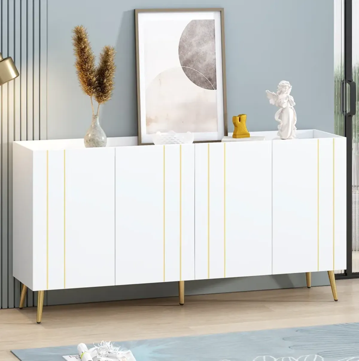 Luxurious Shoe Cabinet with 5 Metal Legs, Modern TV Stand with 4 Adjustable Shelves for TVs Up to 70", Minimalist Sideboard Cabinet with Gold Lines Doors for Living Room