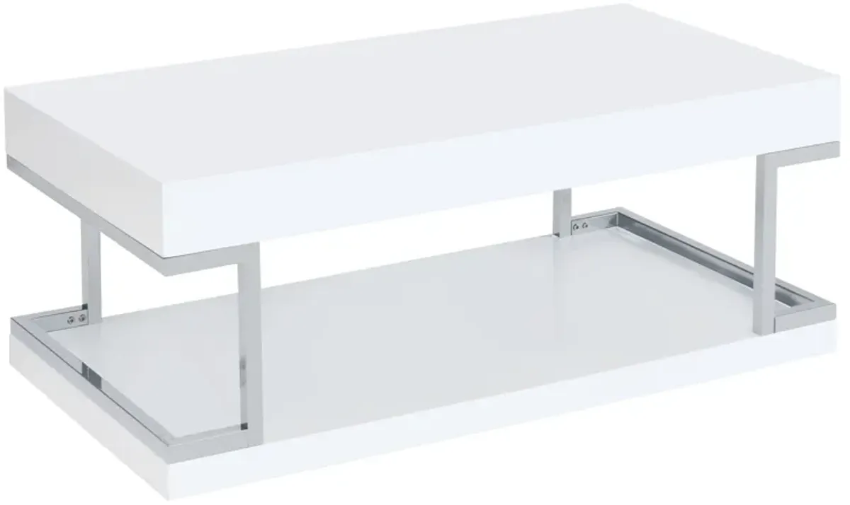 White High Gloss and Chrome Coffee Table with Bottom Shelf