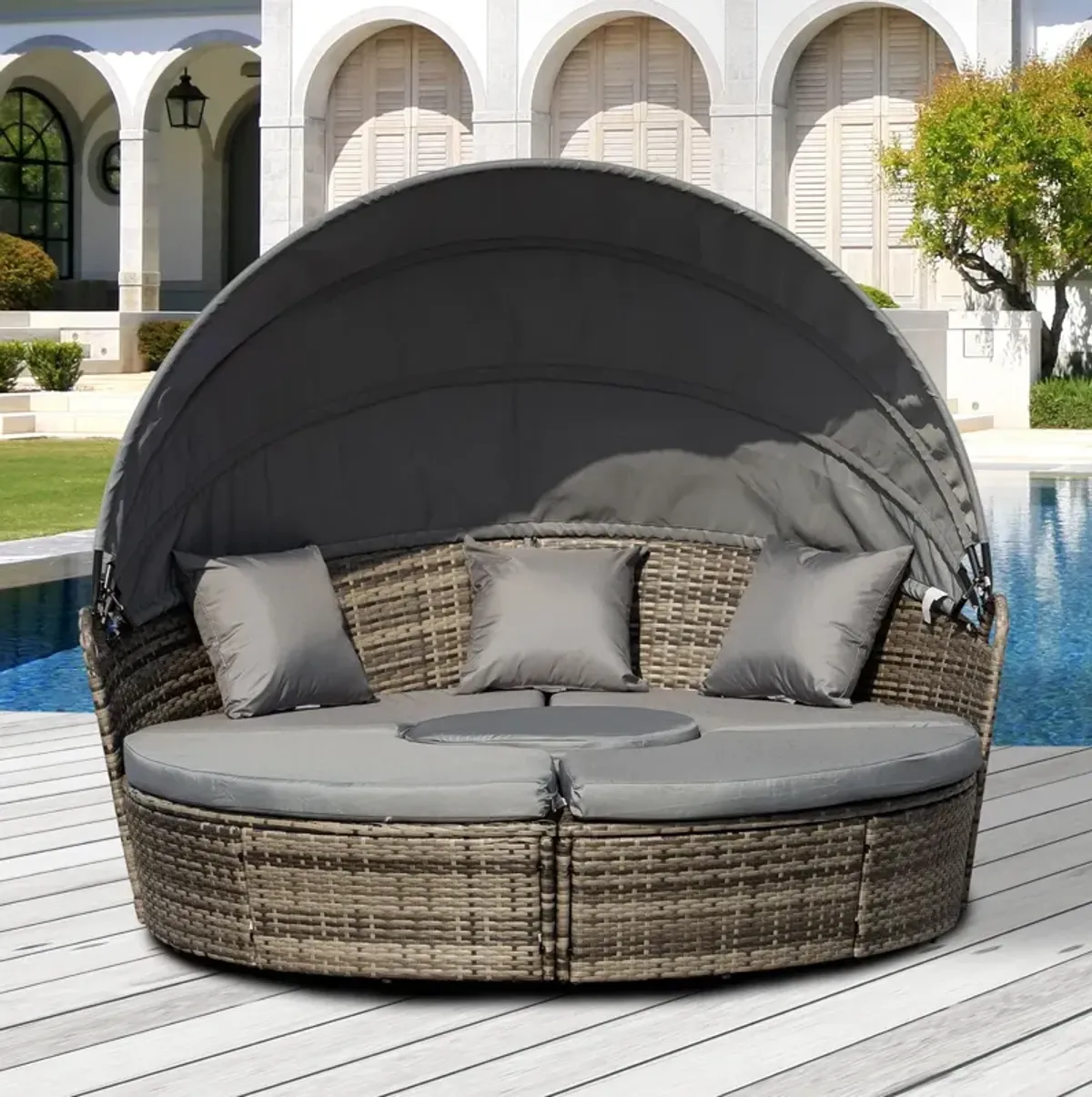 Adjustable Patio Haven: 4PC Rattan Set with Canopy Daybed & Sectional