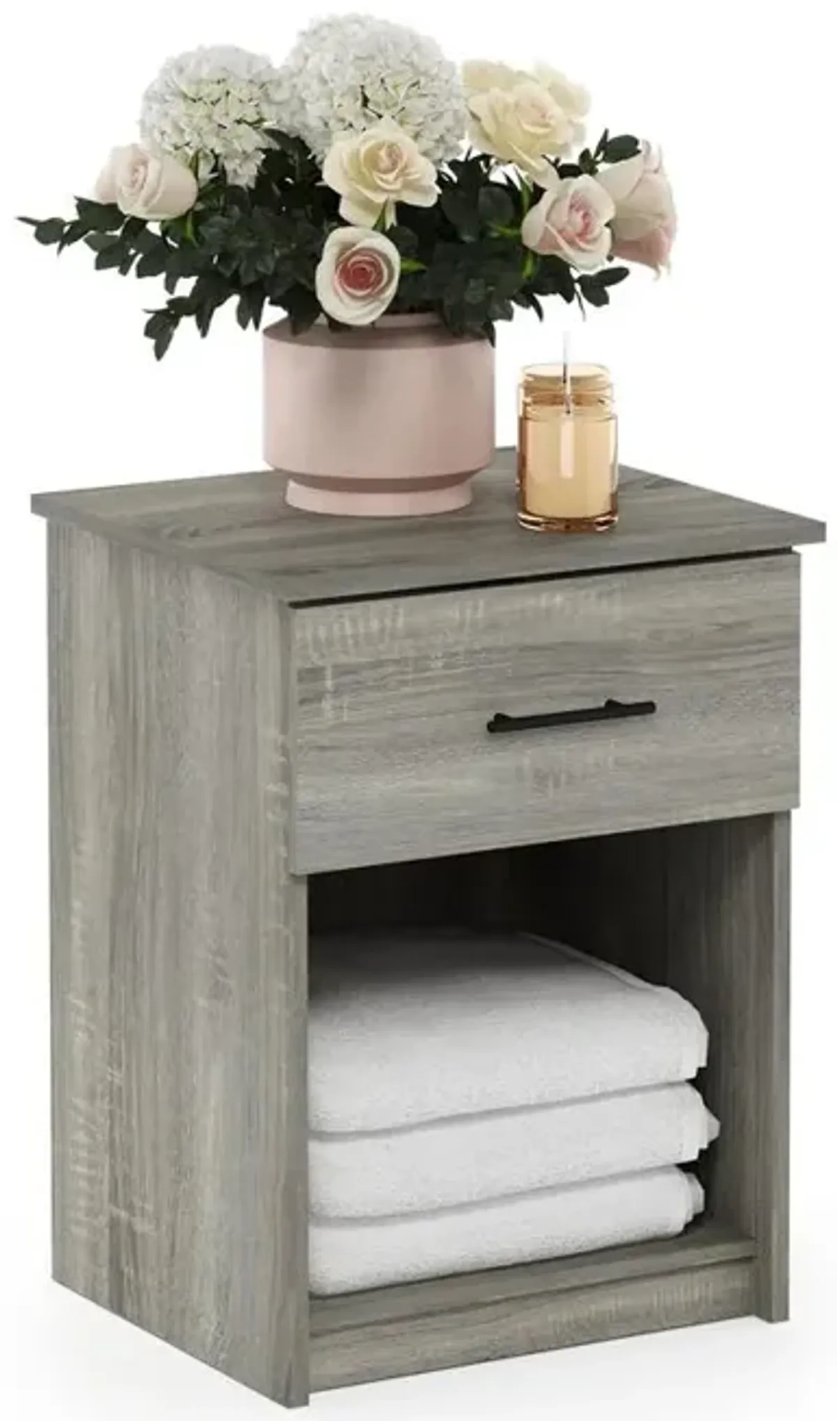 Furinno Tidur Nightstand with Handle with One Drawer, French Oak Grey