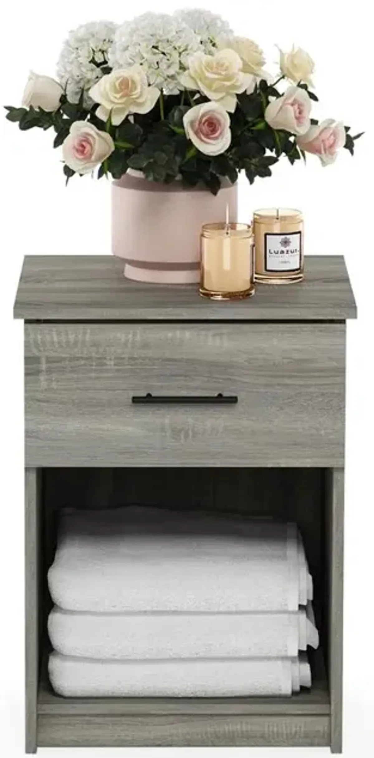 Furinno Tidur Nightstand with Handle with One Drawer, French Oak Grey