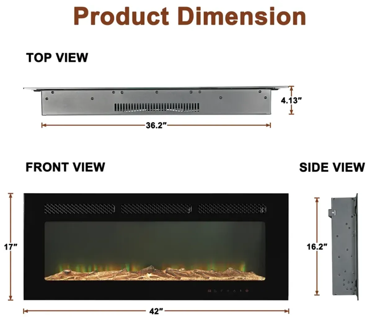 MONDAWE 42" Recessed Wall-Mounted Electric Fireplace 5000 BTU Heater with Remote Control