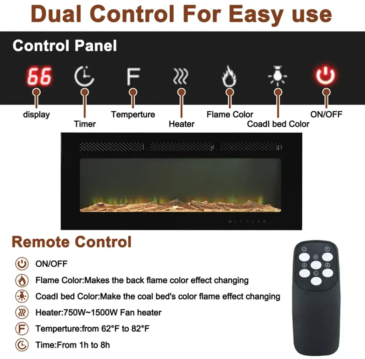 MONDAWE 42" Recessed Wall-Mounted Electric Fireplace 5000 BTU Heater with Remote Control