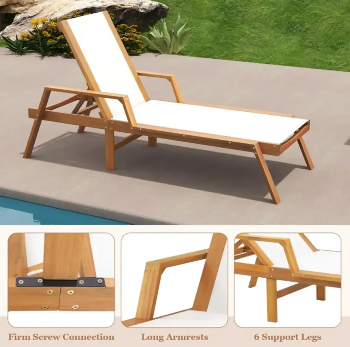 Hivvago Patio Chaise Lounge Chair with Armrests and Fabric Seat for Backyard