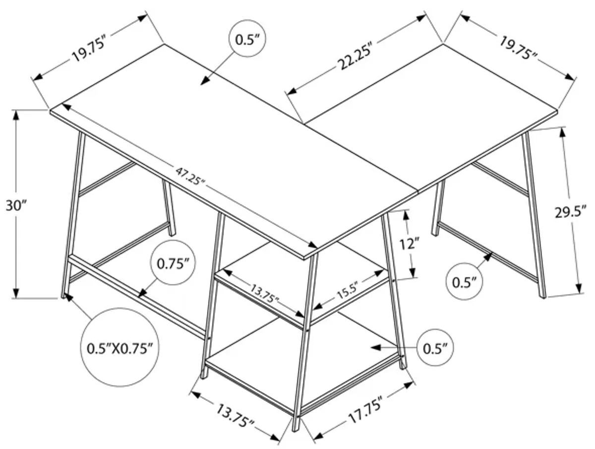 Monarch Specialties I 7595 Computer Desk, Home Office, Corner, Storage Shelves, 48"L, L Shape, Work, Laptop, Metal, Laminate, White Marble Look, Black, Contemporary, Modern