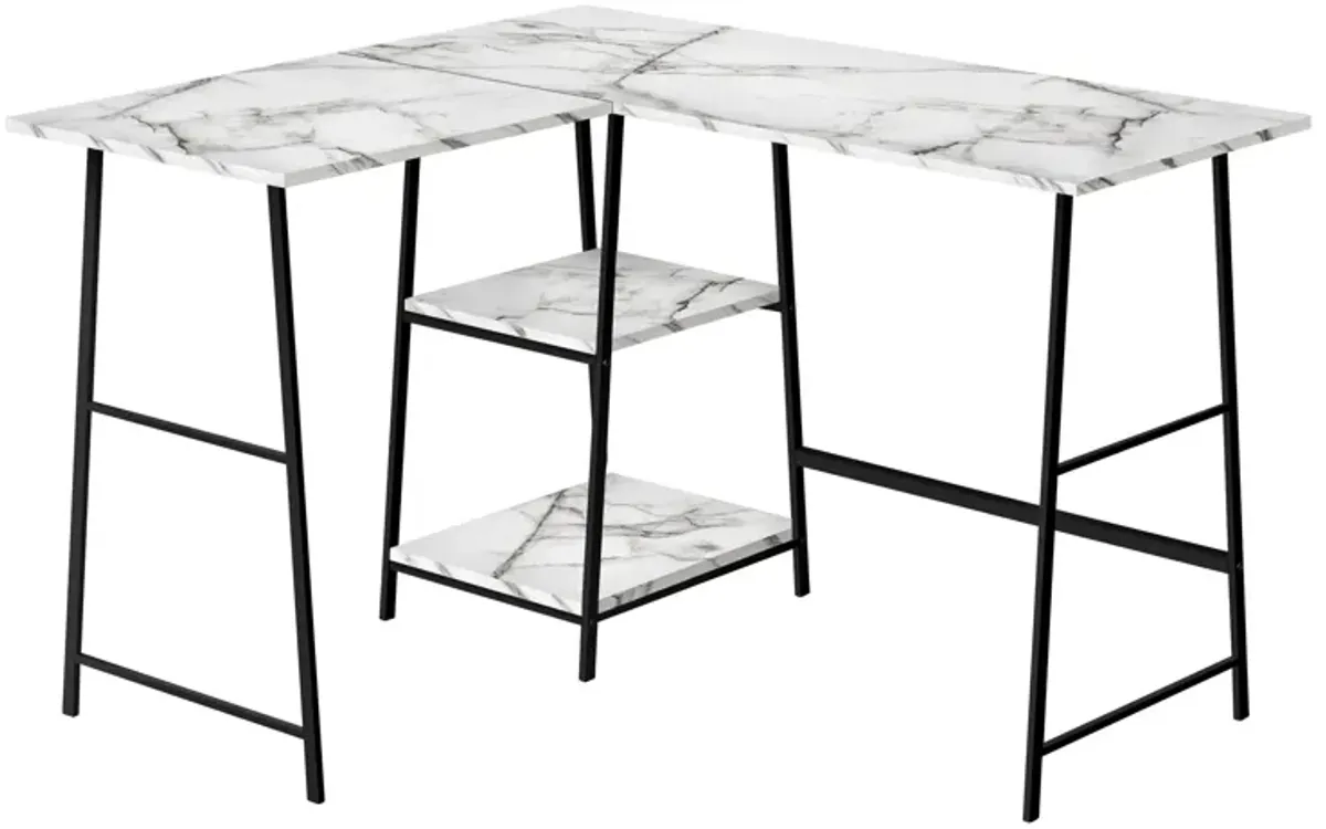 Monarch Specialties I 7595 Computer Desk, Home Office, Corner, Storage Shelves, 48"L, L Shape, Work, Laptop, Metal, Laminate, White Marble Look, Black, Contemporary, Modern