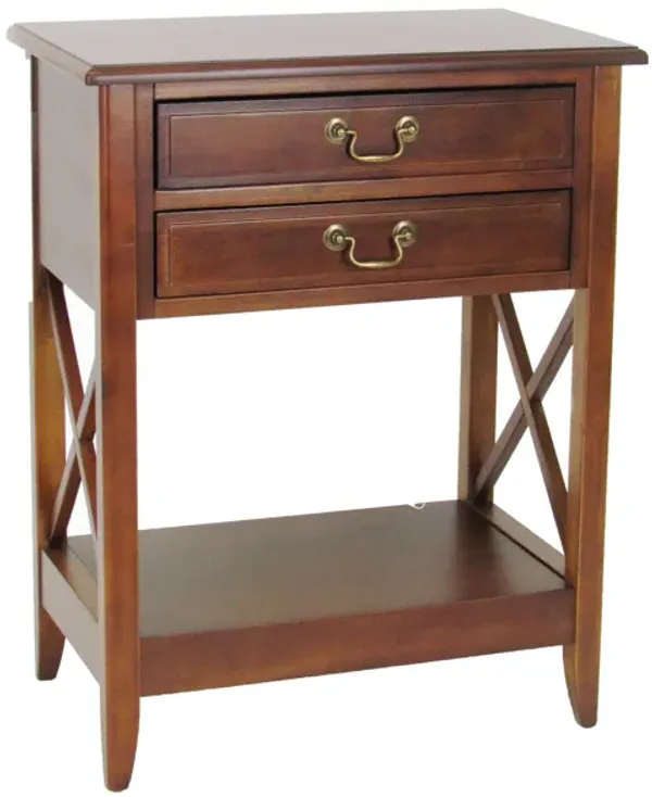 Wooden Nightstand with 2 Drawers and Criss Cross Sides, Brown - Benzara