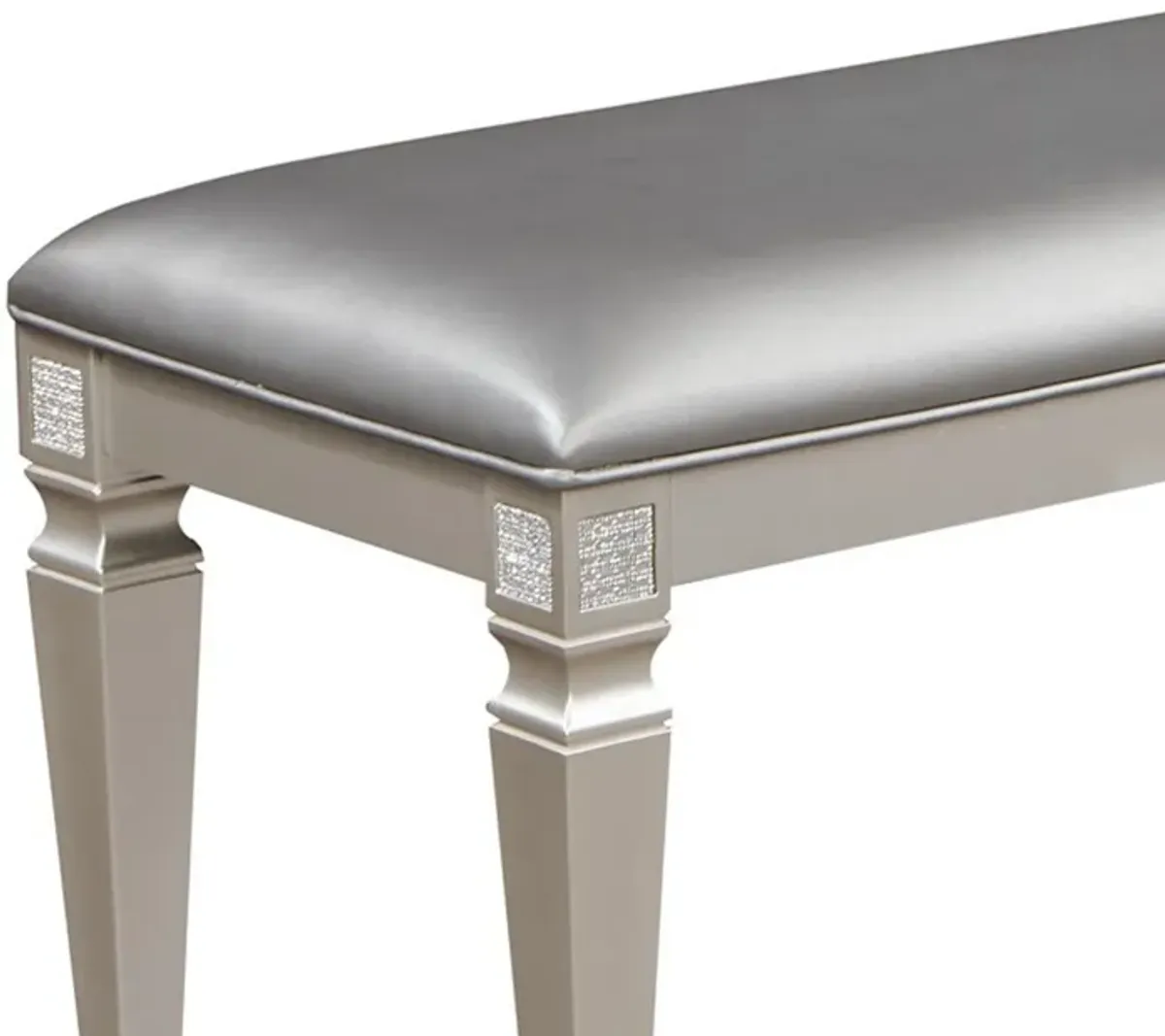 Scott 60 Inch Dining Bench, Sparkling Silver Gray Faux Leather, Wood Frame - Benzara