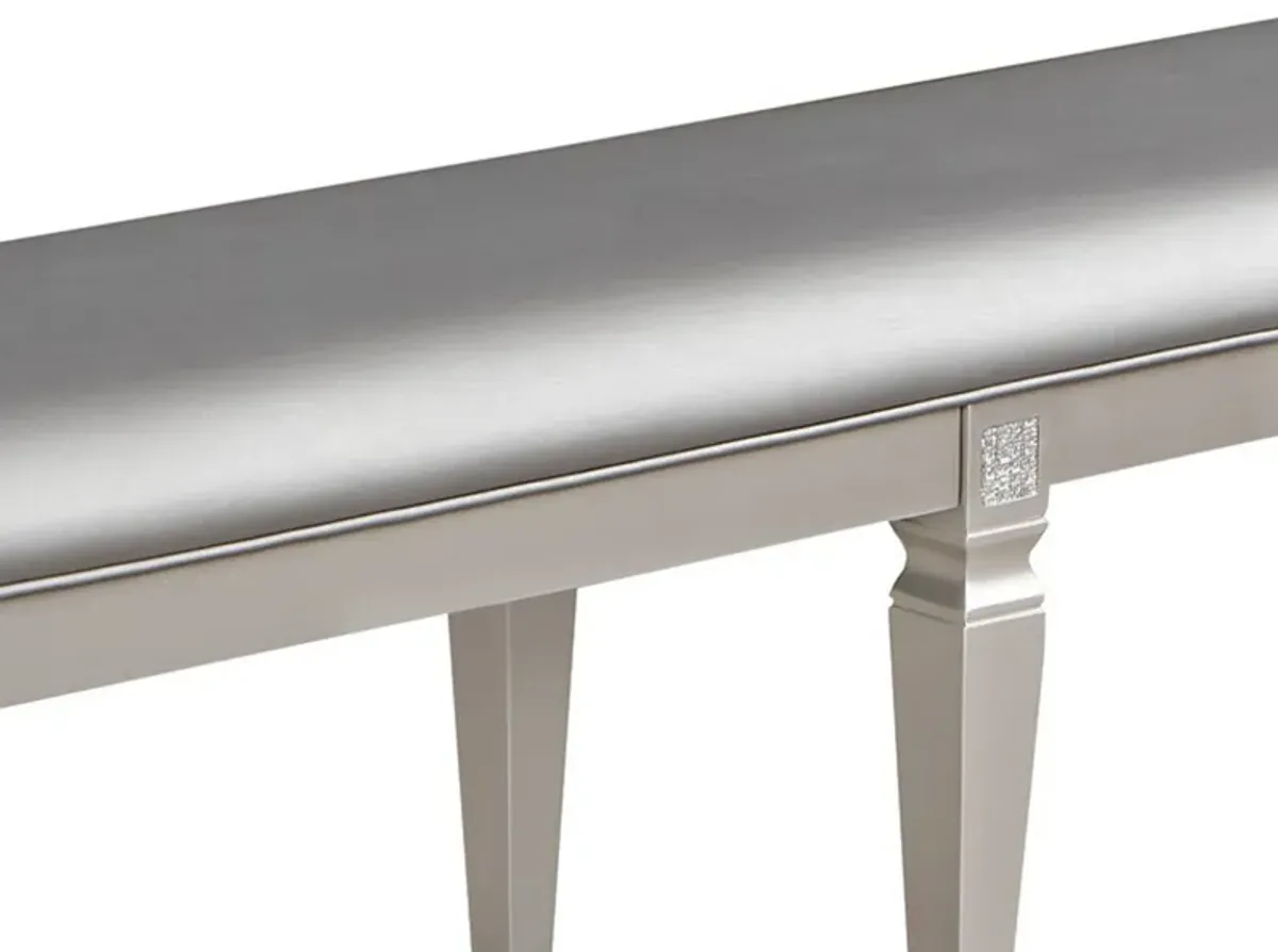 Scott 60 Inch Dining Bench, Sparkling Silver Gray Faux Leather, Wood Frame - Benzara