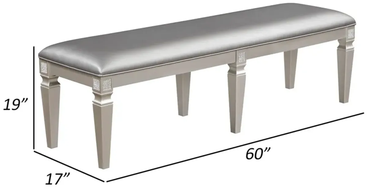 Scott 60 Inch Dining Bench, Sparkling Silver Gray Faux Leather, Wood Frame - Benzara