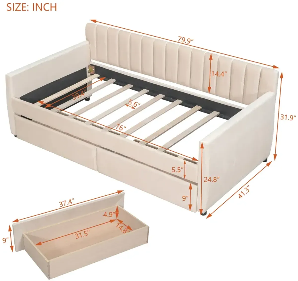 Upholstered daybed with Drawers, Wood Slat Support