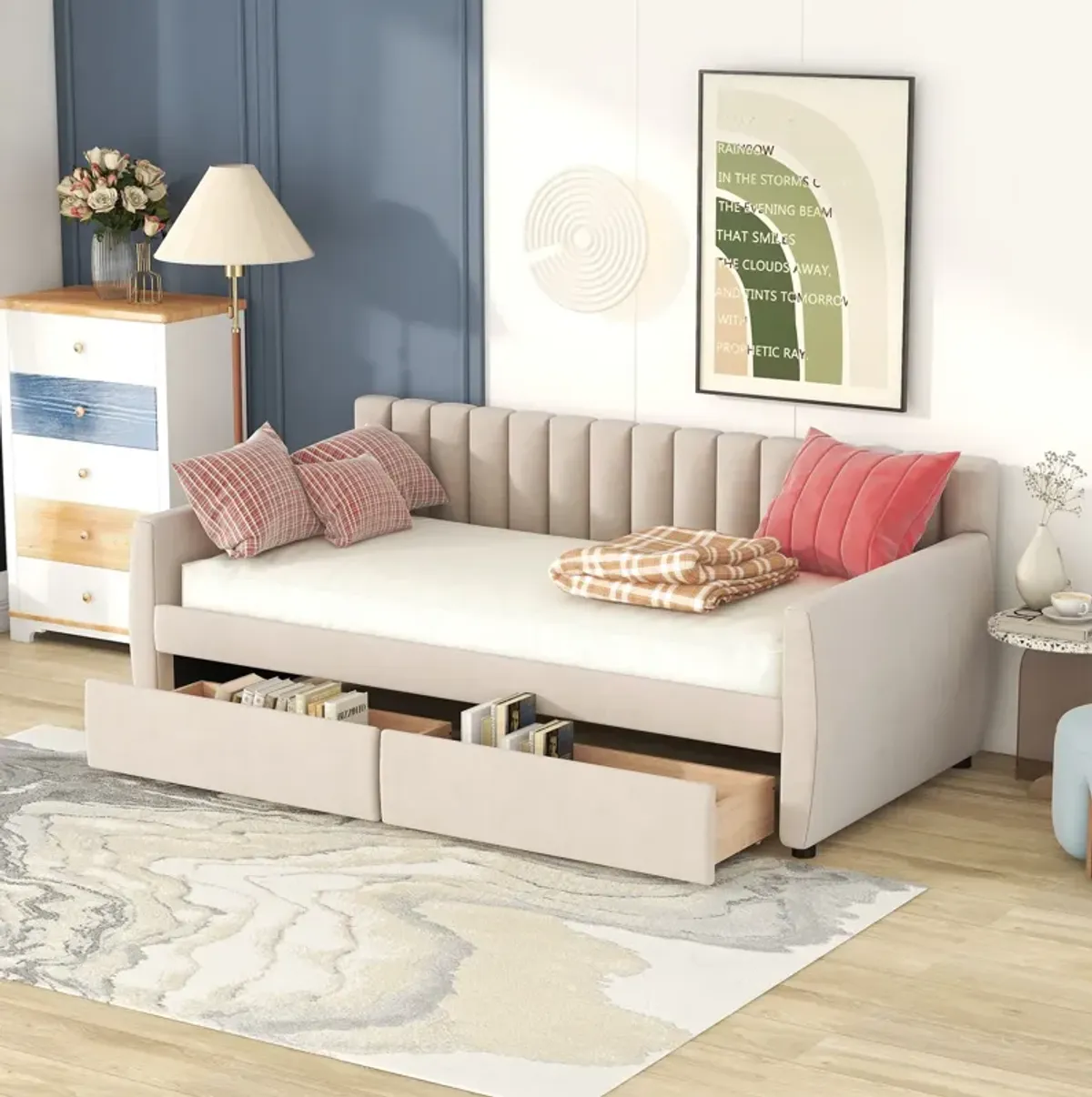 Upholstered daybed with Drawers, Wood Slat Support