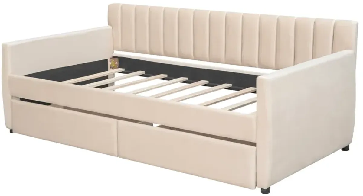 Upholstered daybed with Drawers, Wood Slat Support