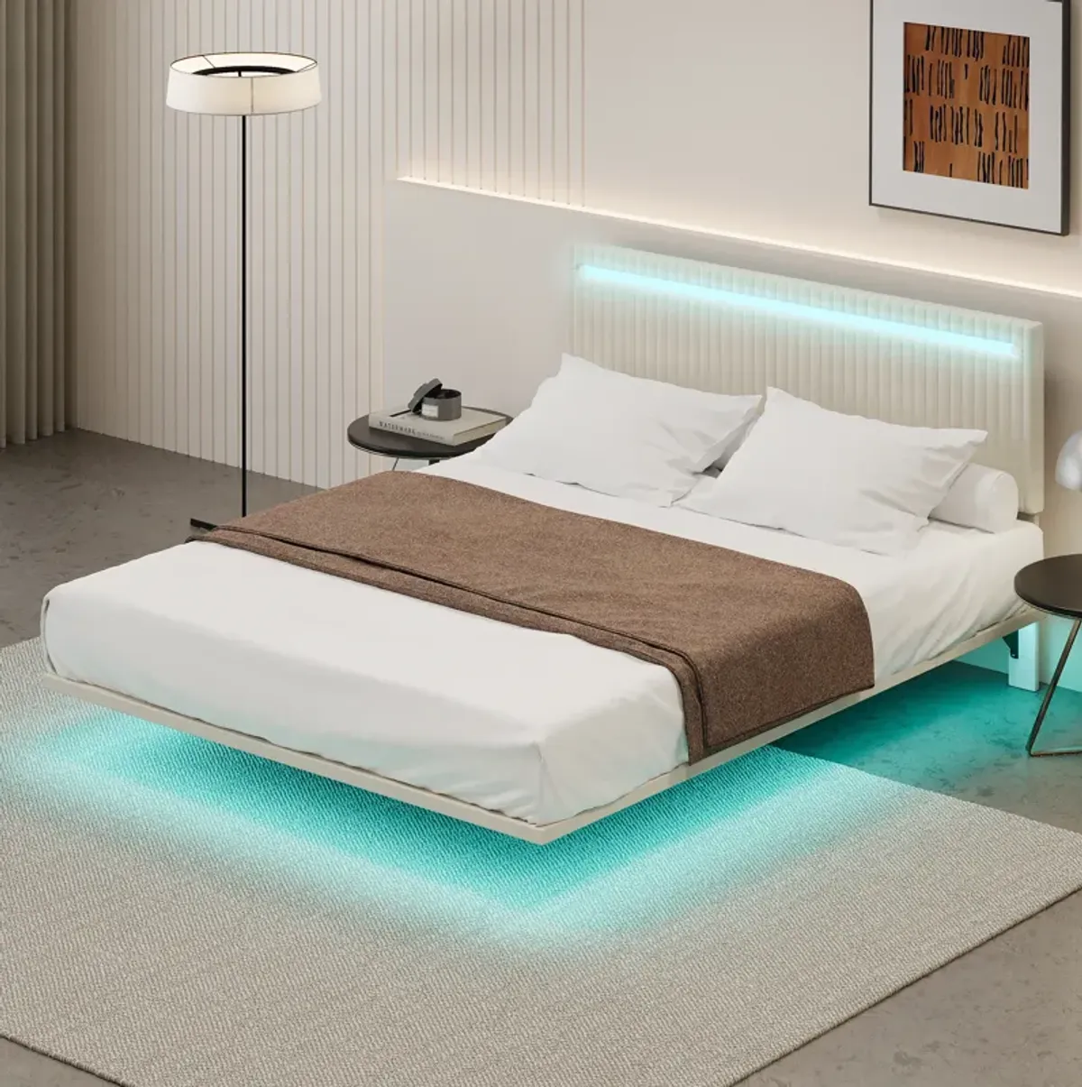 Merax Modern Upholstered Floating Bed Frame with LED Lights