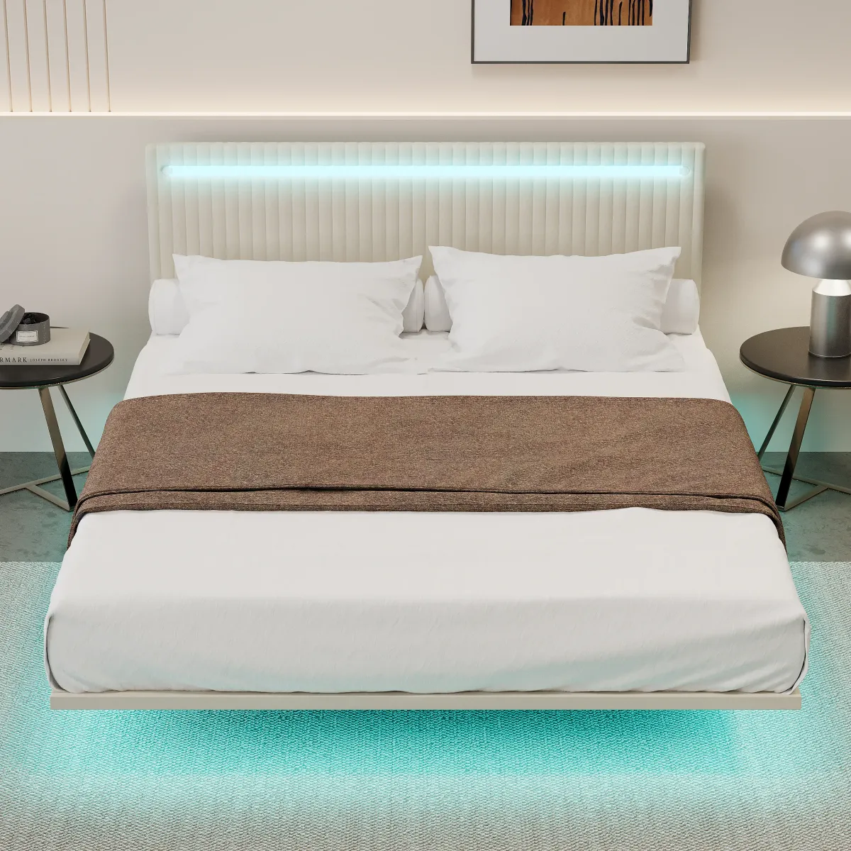 Merax Modern Upholstered Floating Bed Frame with LED Lights