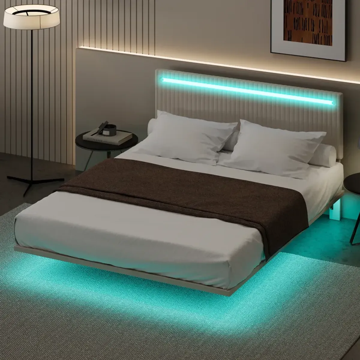 Merax Modern Upholstered Floating Bed Frame with LED Lights